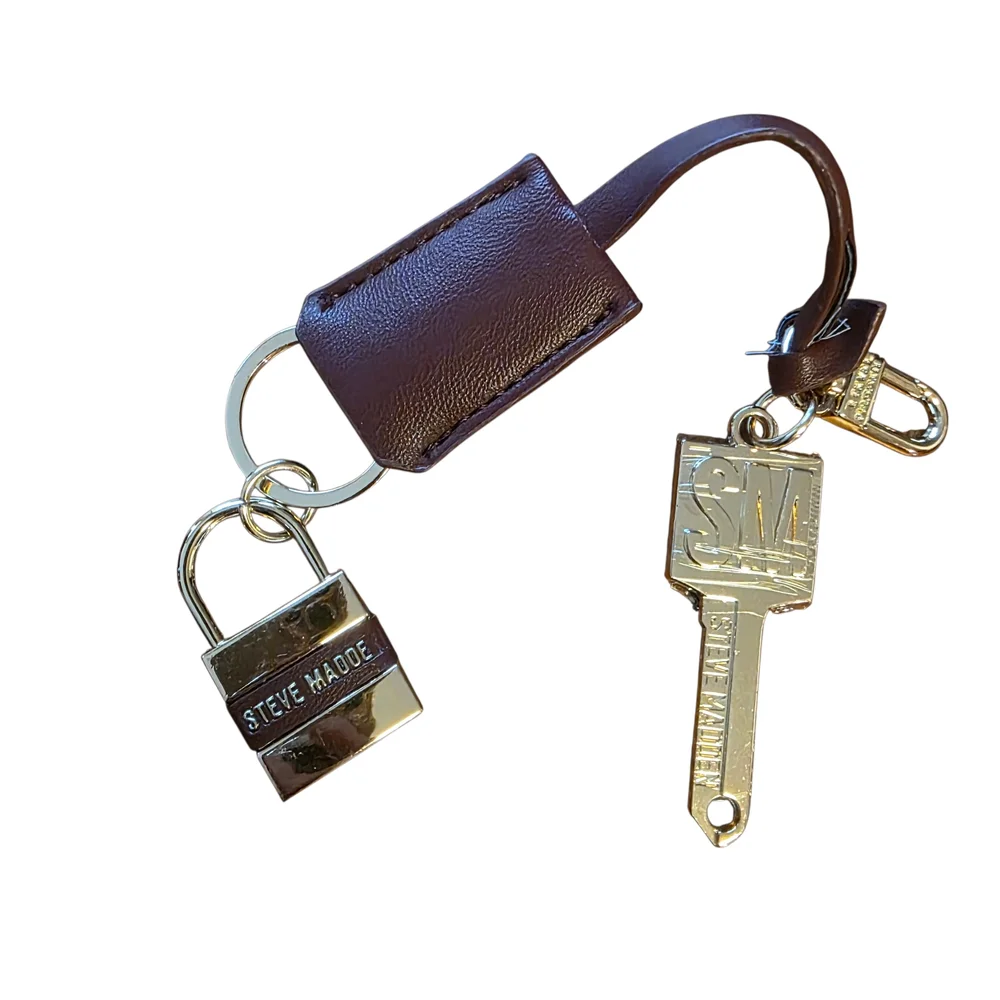 Steve Madden Brown Leather Keychain with Gold Accents